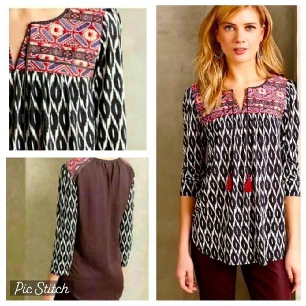 Anthropologie One September PALAMBA Embroidered Mixed‎ Print Tunic Top Sz Small